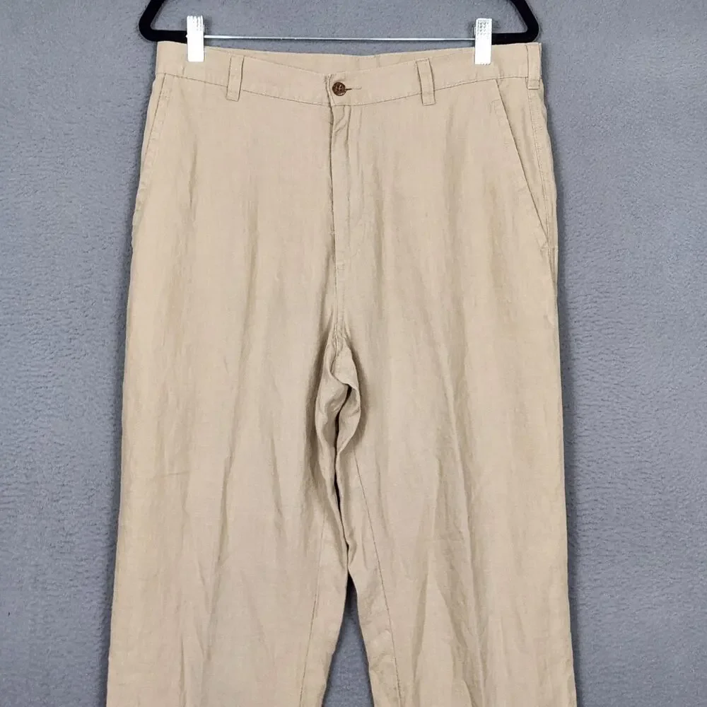 Jos A Bank Pants Mens 34x30 Beige Linen Flat Front Chino Casual Summer